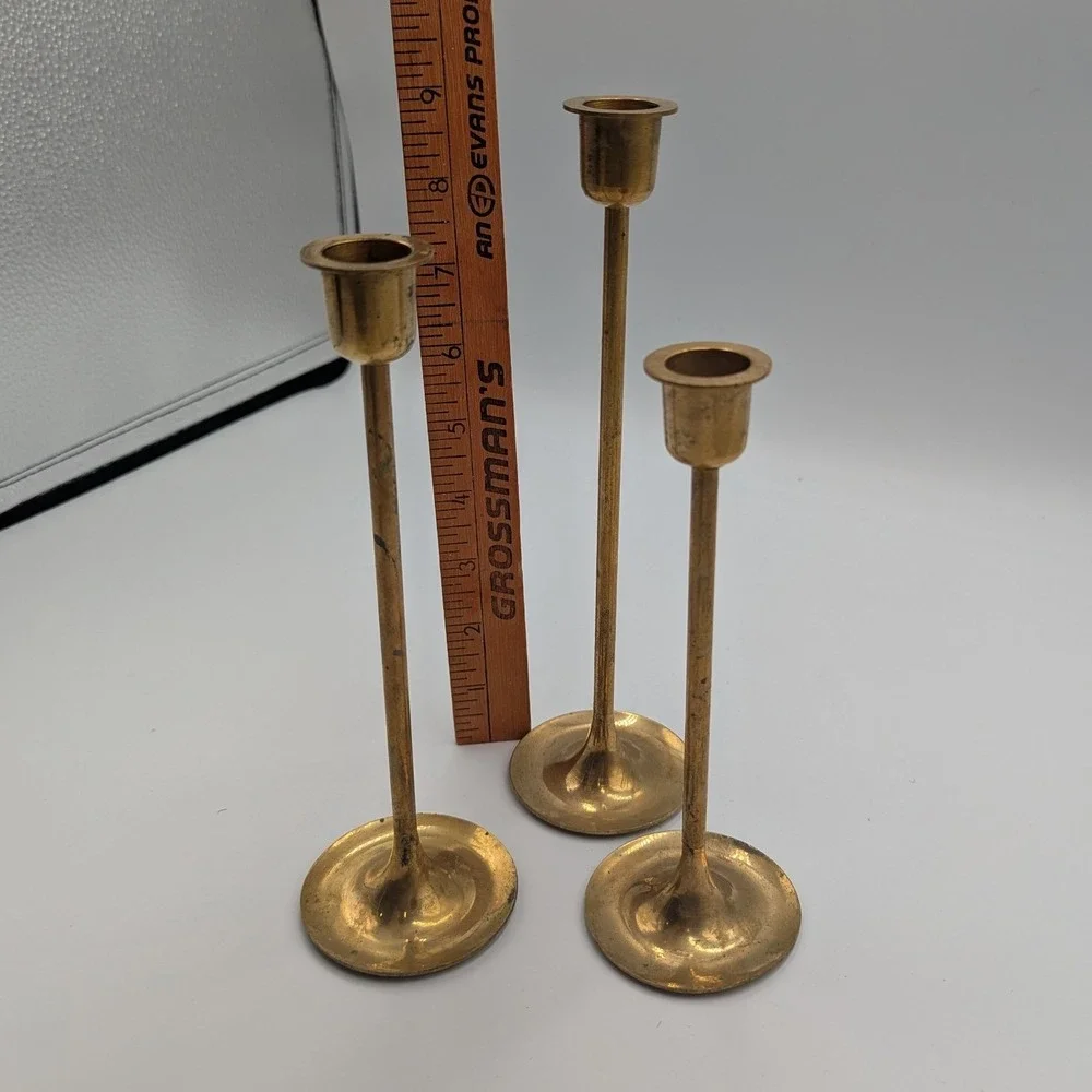 Vintage Brass Candlestick Set Gold Tapered Minimalist Staggered Heights 3pc